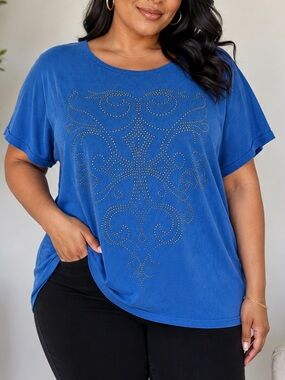 Reba XL Blue Rhinestone Studded Western Bling Top